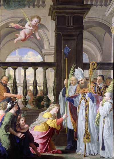 Santa Genoveva Recibiendo una Palma de San Medardo el Domingo de Ramos de Michel des Gobelins Corneille